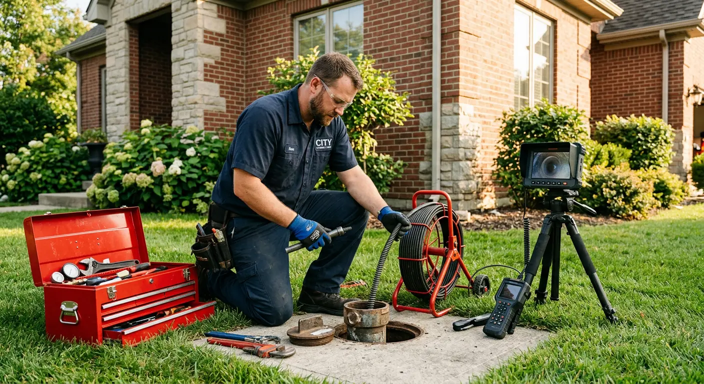 Sewer specialist with camera equipment servicing a cleanout in Centennial