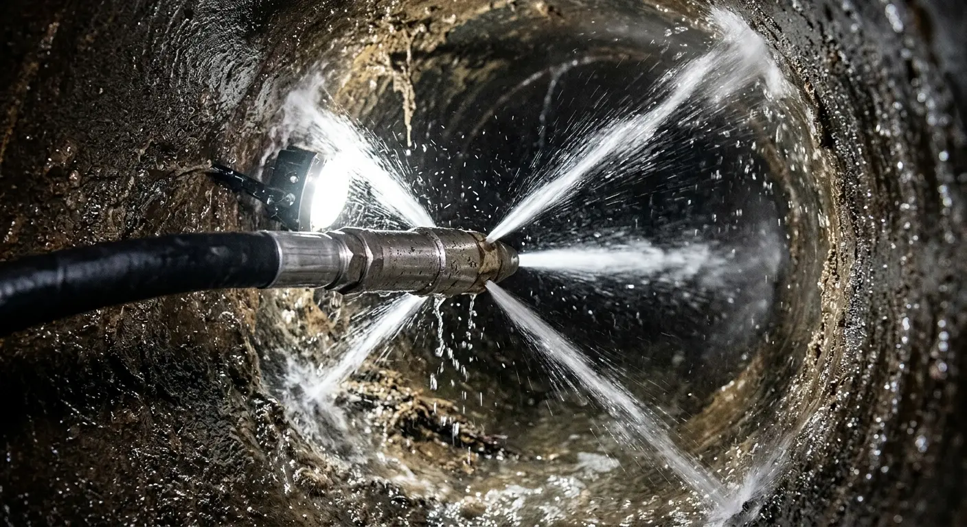 High-pressure hydro jetting nozzle cleaning sewer pipe for Emergency Drain Service in Centennial