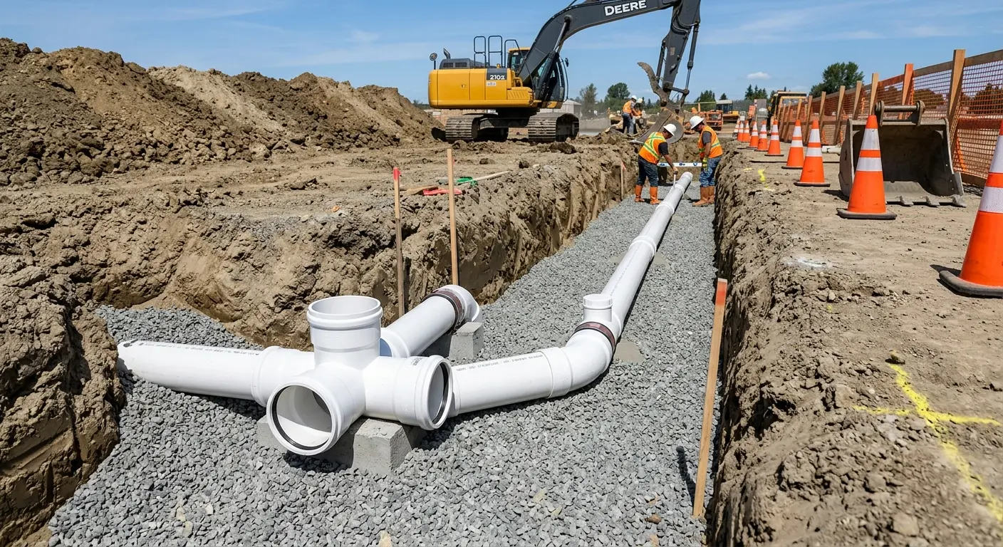 New PVC sewer pipe installation in open trench for Sewer Backup in Centennial