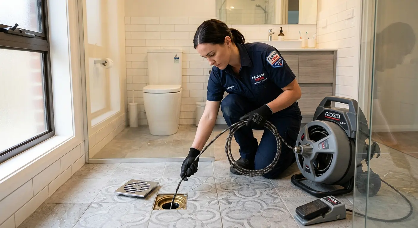 Technician clearing a bathroom floor drain for Drain Cleaning in Centennial